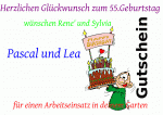 Herzlichen Gl&uuml;ckwunsch zum 55.Geburtstag Gutschein w&uuml;nschen Rene' und Sylvia Pascal und Lea f&uuml;r einen Arbeitseinsatz in deinem Garten