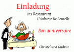 Einladung ins Restaurant L'Auberge De Beuzelle Bon anniversaire Christel und Gudrun